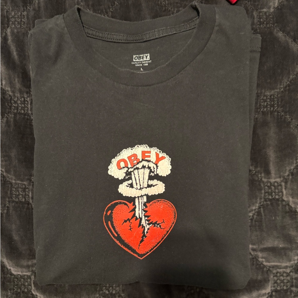 Obey Black Tee with Heart and Cloud Design